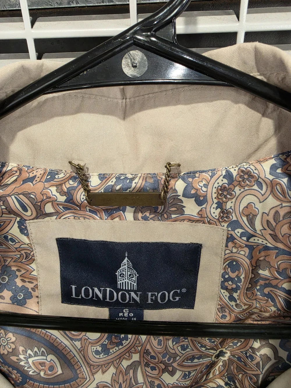 London Fog Beige Navy Paisley Lined Coat Minimal Style Size 6
